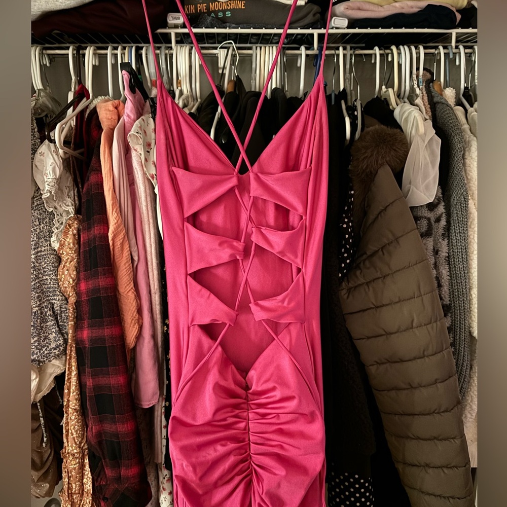 Lady black tie medium hot pink prom dress